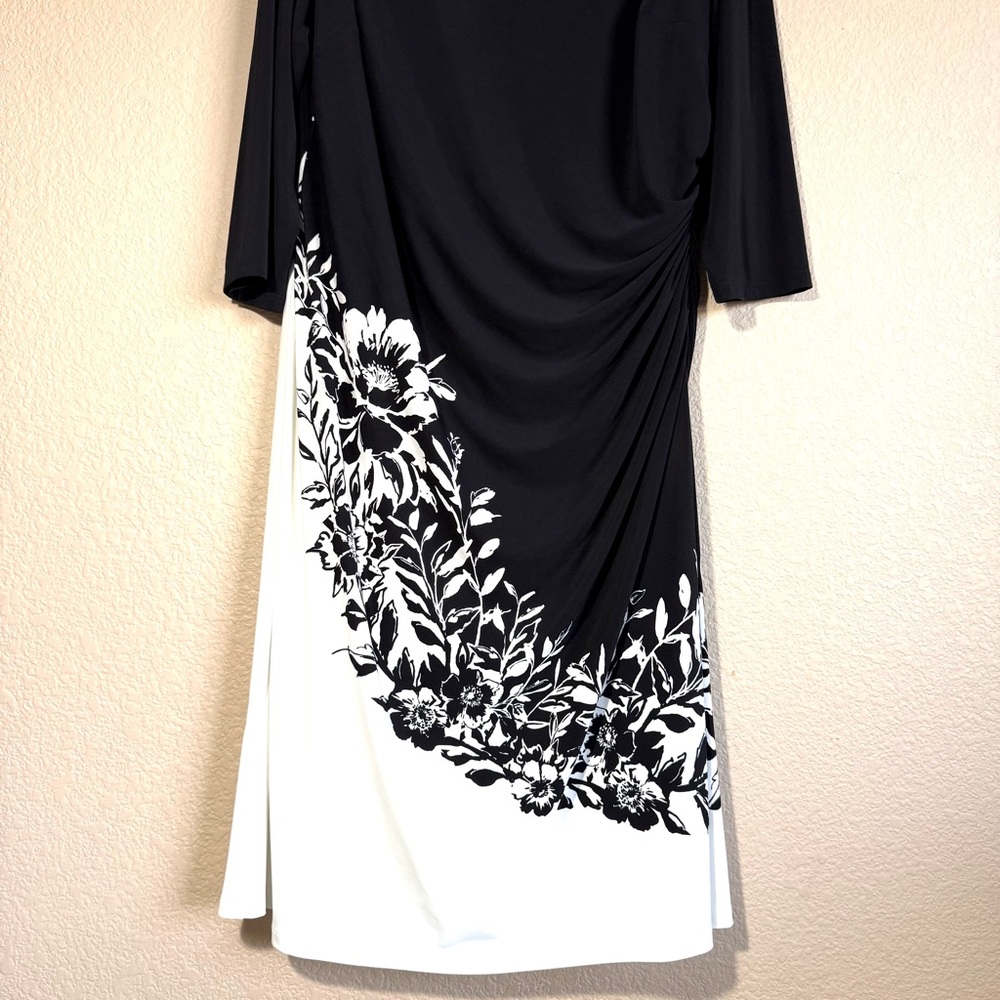 Lauren Ralph Lauren Black White Floral Sheath Women Midi Dress Sz 16W Modest - Picture 4 of 9